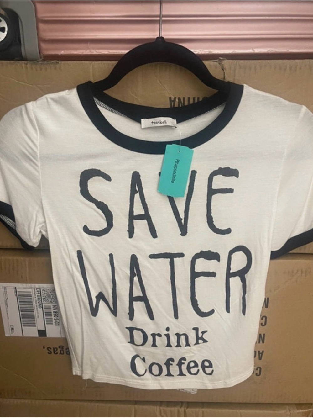 Save Water Drink Coffee Graphic Ringer Tee - White/Black